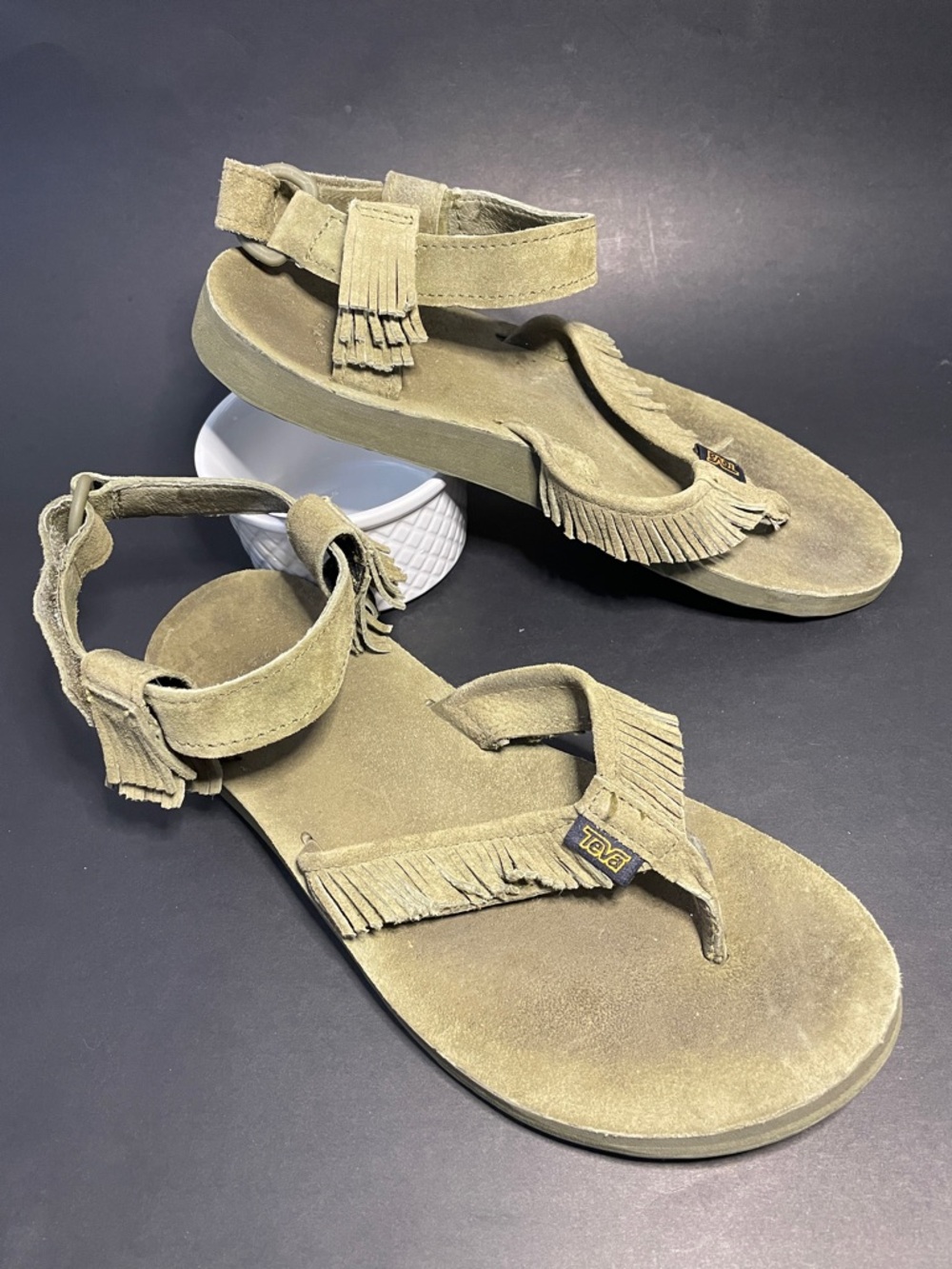 TEVA Olive Green Suede Fringe Boho Hippie Ankle-Strap Summer Beach Thong Sandals